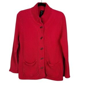 Focus Casual Life Cotton Waffle Knit Button Front Collared Shacket Top Small Red